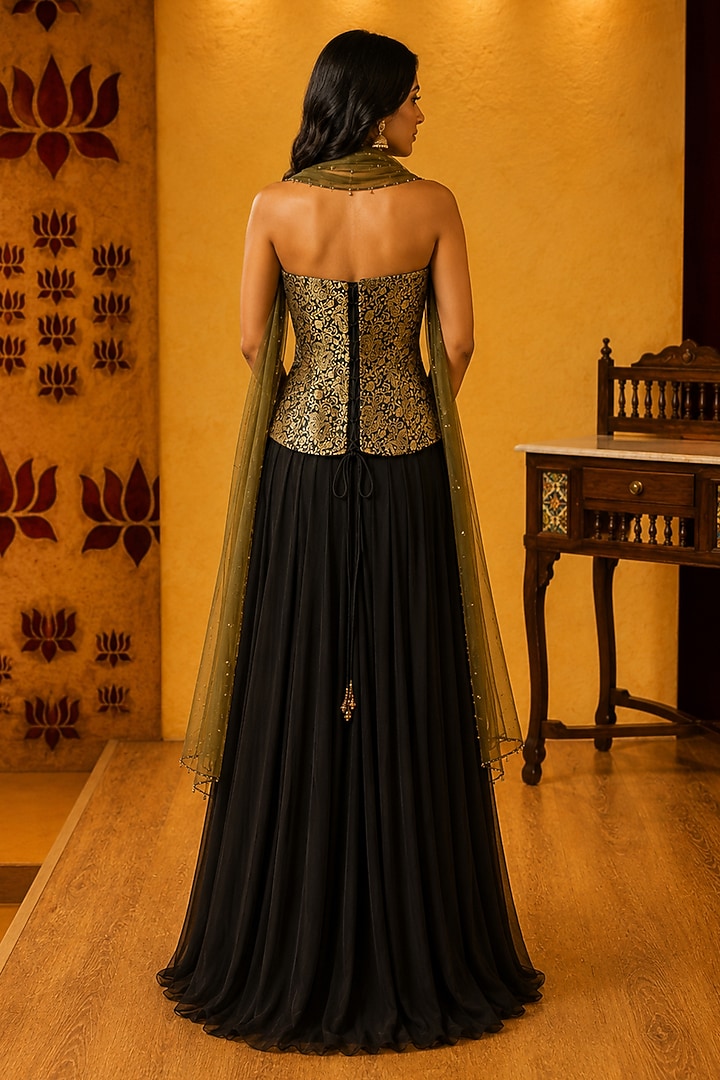 Black Georgette Pleated Skirt Set by Ridhi garg at Pernia's Pop Up Shop