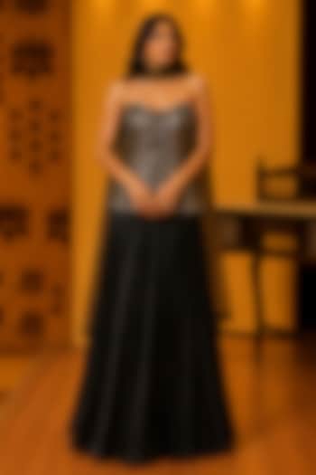 Black Satin Silk Skirt Set by Ridhi garg at Pernia's Pop Up Shop