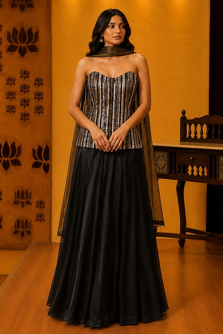 Black Satin Silk Skirt Set by Ridhi garg at Pernia's Pop Up Shop
