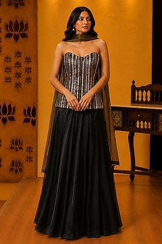 Black Satin Silk Skirt Set by Ridhi garg