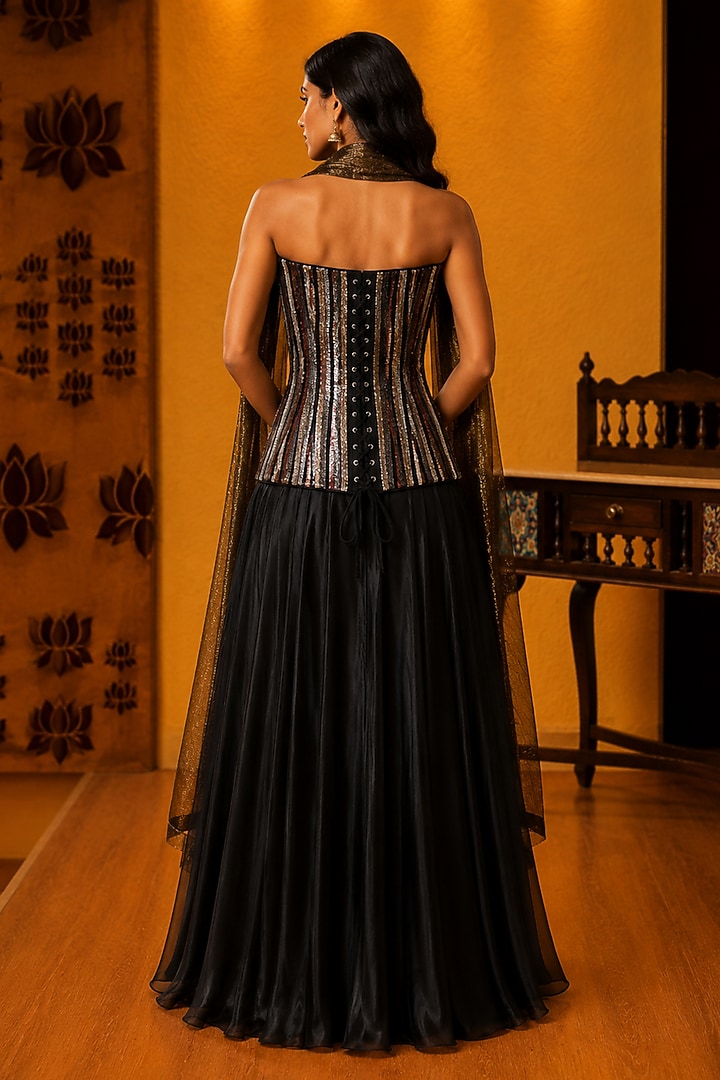 Black Satin Silk Skirt Set by Ridhi garg at Pernia's Pop Up Shop