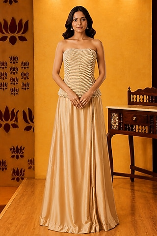 Ivory Satin Silk Pleated Skirt Set by Ridhi garg