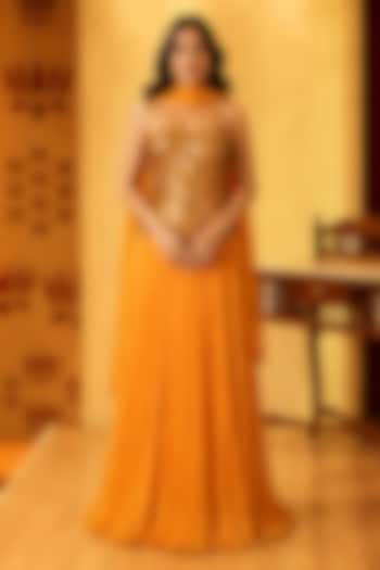 Mustard Chiffon Skirt Set by Ridhi garg at Pernia's Pop Up Shop