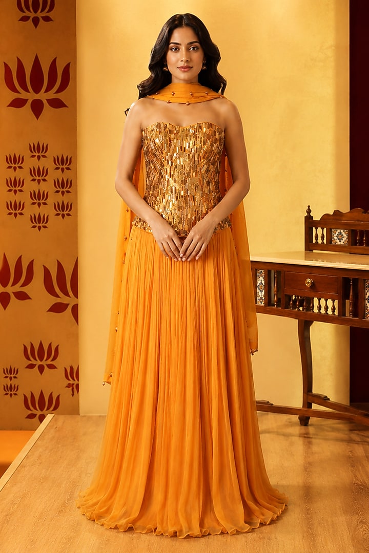 Mustard Chiffon Skirt Set by Ridhi garg at Pernia's Pop Up Shop