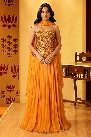 Mustard Chiffon Skirt Set by Ridhi garg