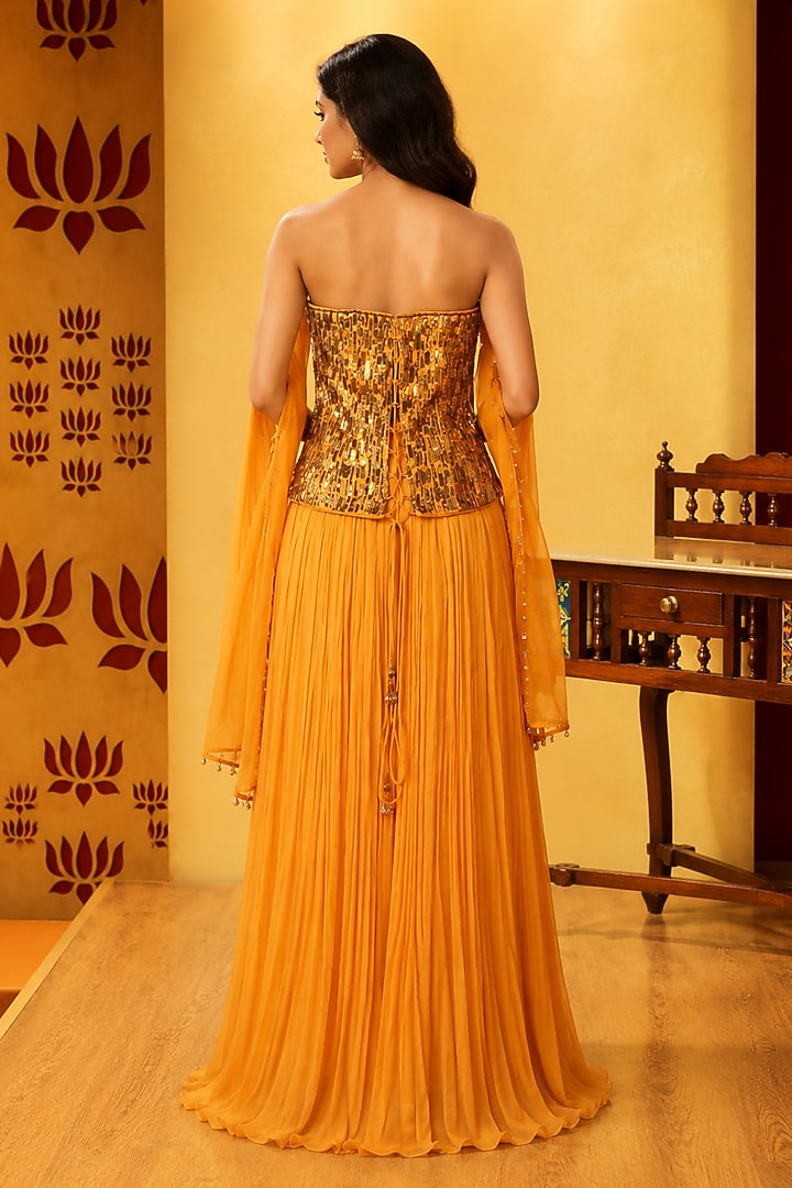 Mustard Chiffon Skirt Set by Ridhi garg at Pernia's Pop Up Shop
