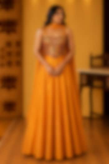 Mustard Raw Silk Skirt Set by Ridhi garg at Pernia's Pop Up Shop