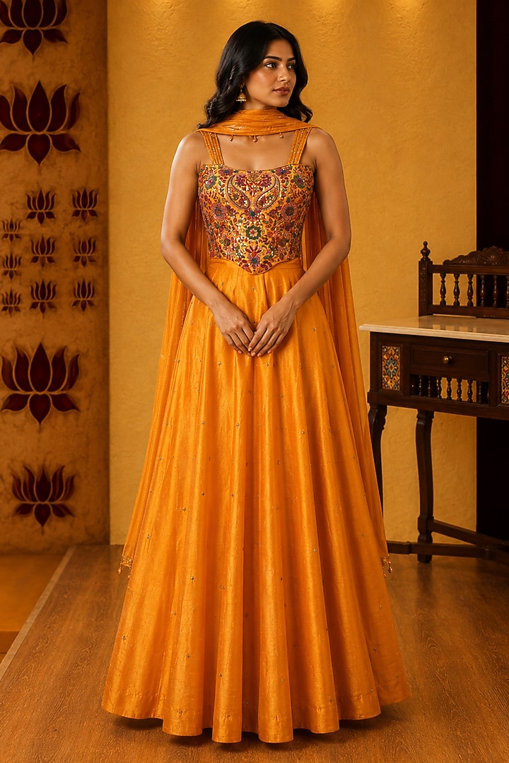 Mustard Raw Silk Skirt Set by Ridhi garg at Pernia's Pop Up Shop