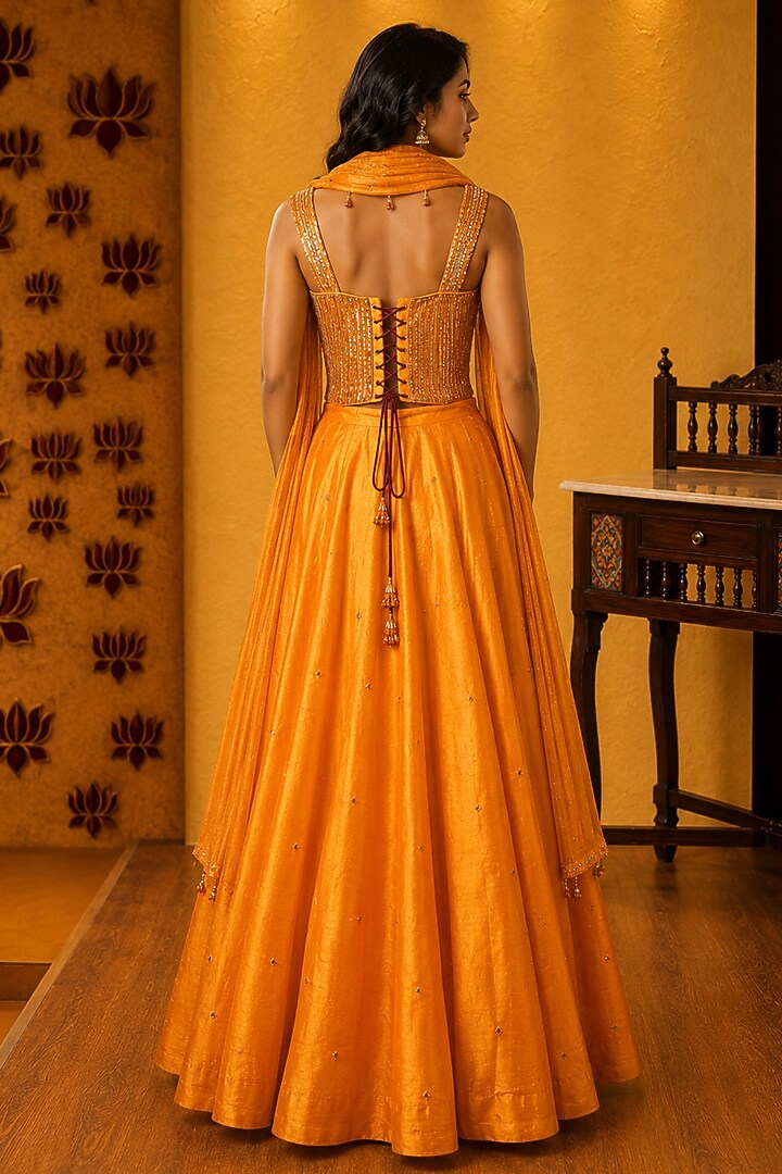 Mustard Raw Silk Skirt Set by Ridhi garg at Pernia's Pop Up Shop