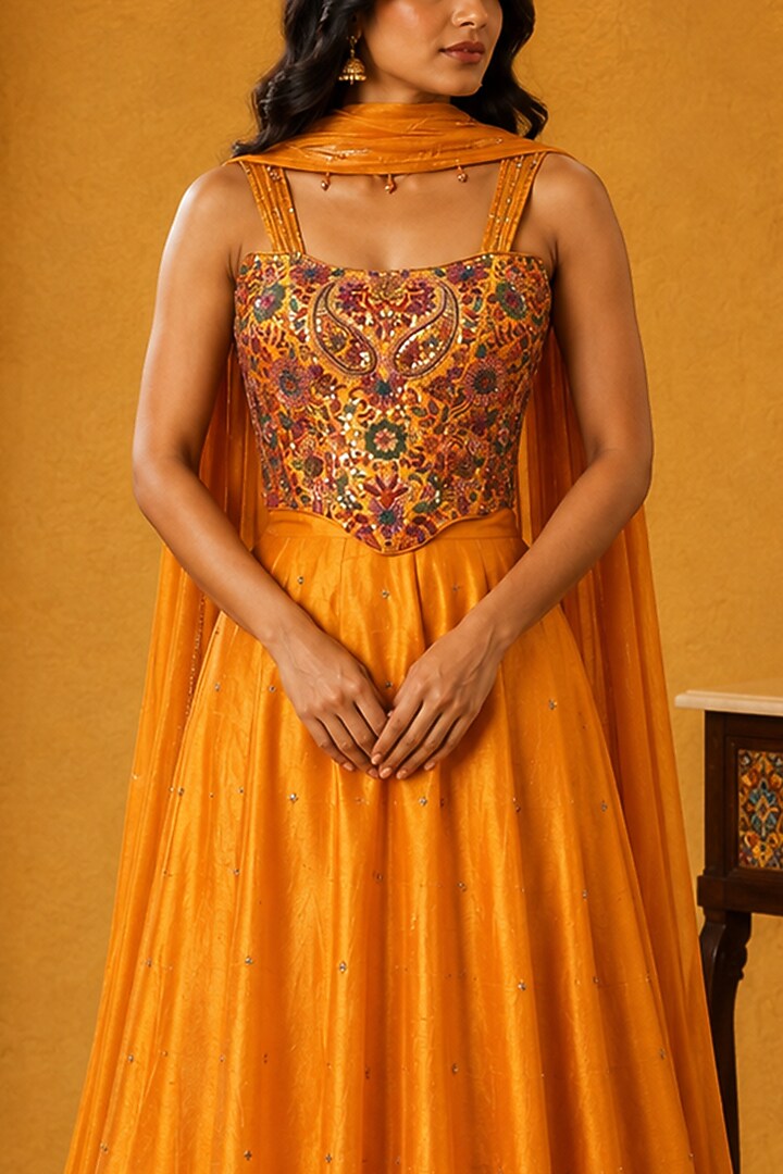 Mustard Raw Silk Skirt Set by Ridhi garg at Pernia's Pop Up Shop