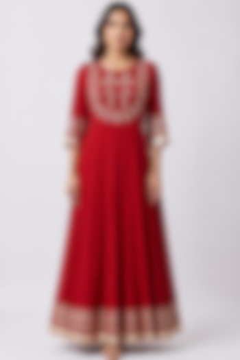 Red Silk Gota Hand Embroidered Party Wear Anarkali by Ridhi garg at Pernia's Pop Up Shop