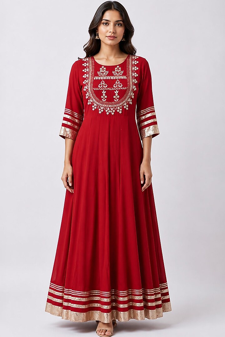Red Silk Gota Hand Embroidered Party Wear Anarkali by Ridhi garg at Pernia's Pop Up Shop
