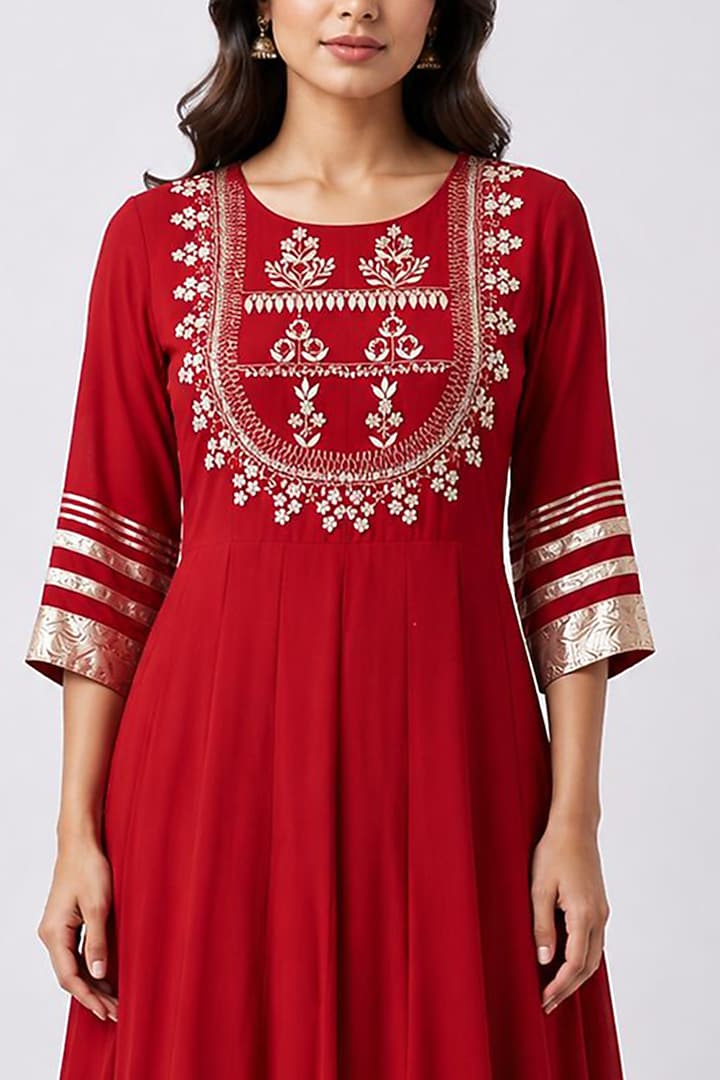 Red Silk Gota Hand Embroidered Party Wear Anarkali by Ridhi garg at Pernia's Pop Up Shop