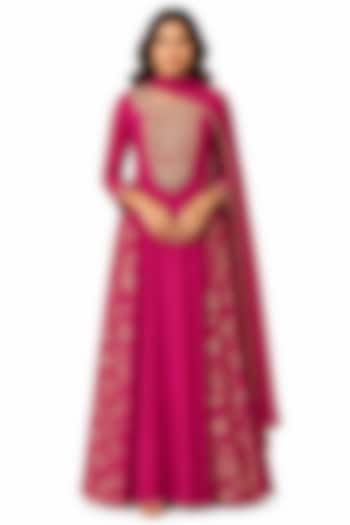Fuchsia Pink Silk Hand Work Wedding Anarkali Set by Ridhi garg at Pernia's Pop Up Shop