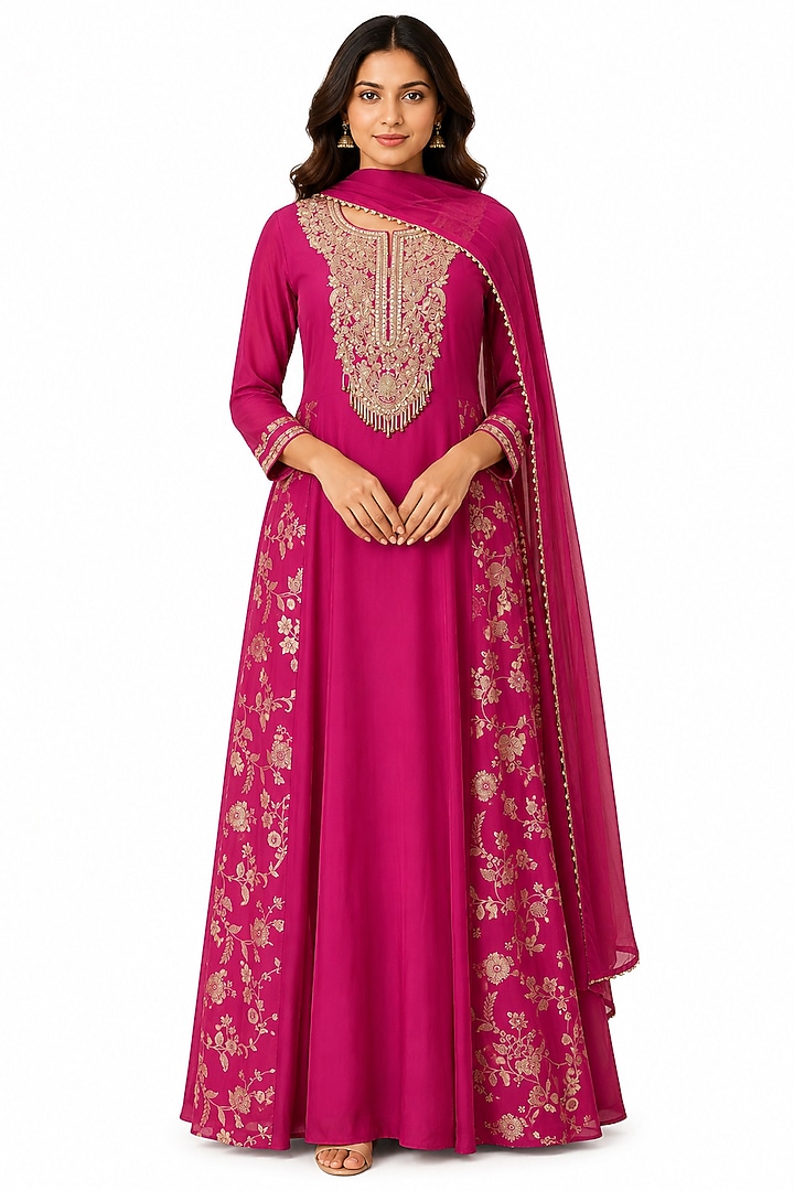 Fuchsia Pink Silk Hand Work Wedding Anarkali Set by Ridhi garg at Pernia's Pop Up Shop