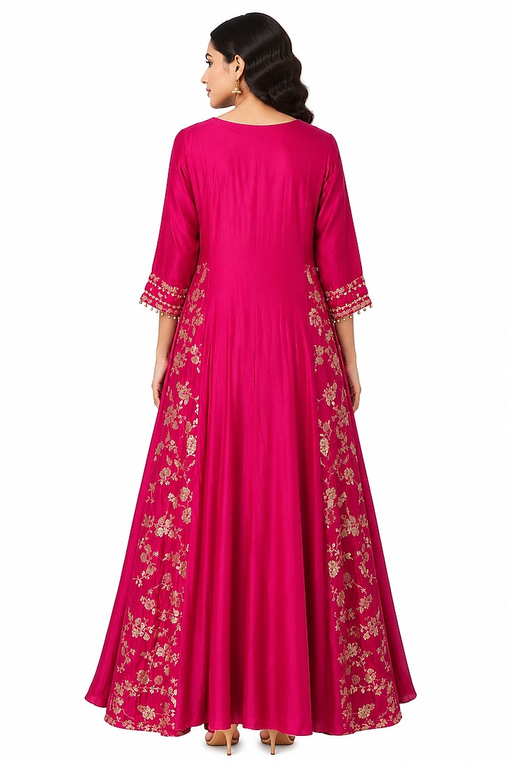 Fuchsia Pink Silk Hand Work Wedding Anarkali Set by Ridhi garg at Pernia's Pop Up Shop