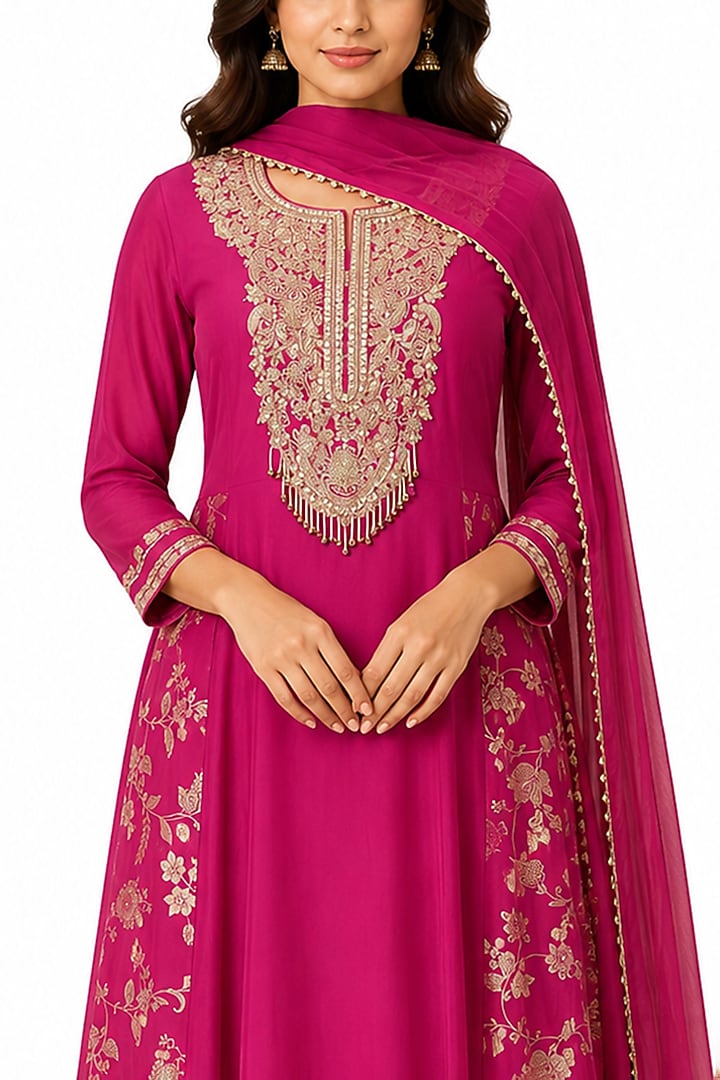 Fuchsia Pink Silk Hand Work Wedding Anarkali Set by Ridhi garg at Pernia's Pop Up Shop