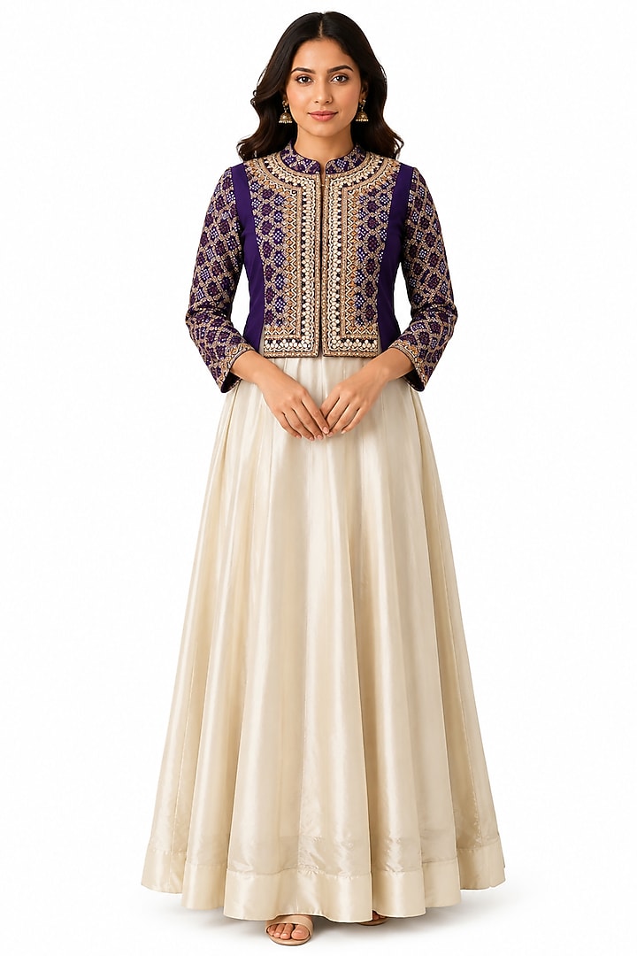 Ivory Tissue Silk Wedding Anarkali With Embroidered Jacket by Ridhi garg at Pernia's Pop Up Shop