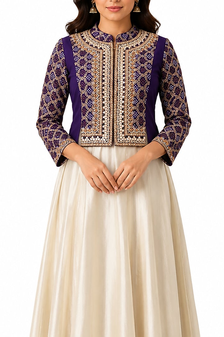 Ivory Tissue Silk Wedding Anarkali With Embroidered Jacket by Ridhi garg at Pernia's Pop Up Shop
