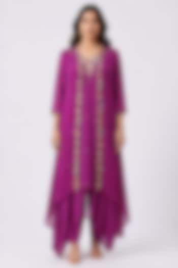 Fuchsia Pink Organza Hand Embroidered Jacket Kurta Set by Ridhi garg at Pernia's Pop Up Shop