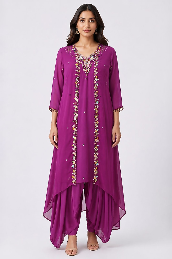 Fuchsia Pink Organza Hand Embroidered Jacket Kurta Set by Ridhi garg at Pernia's Pop Up Shop