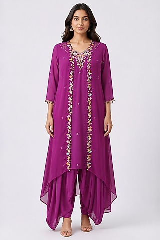 Fuchsia Pink Organza Hand Embroidered Jacket Kurta Set by Ridhi garg