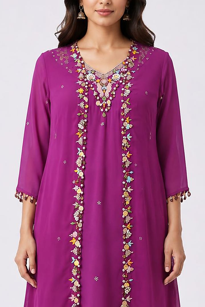 Fuchsia Pink Organza Hand Embroidered Jacket Kurta Set by Ridhi garg at Pernia's Pop Up Shop