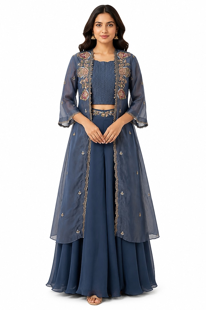 Grey Blue Organza Wedding Sharara Set by Ridhi garg at Pernia's Pop Up Shop