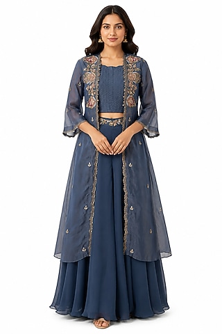 Grey Blue Organza Sharara Set by Ridhi garg