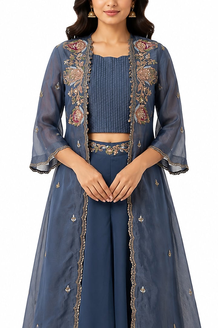 Grey Blue Organza Wedding Sharara Set by Ridhi garg at Pernia's Pop Up Shop
