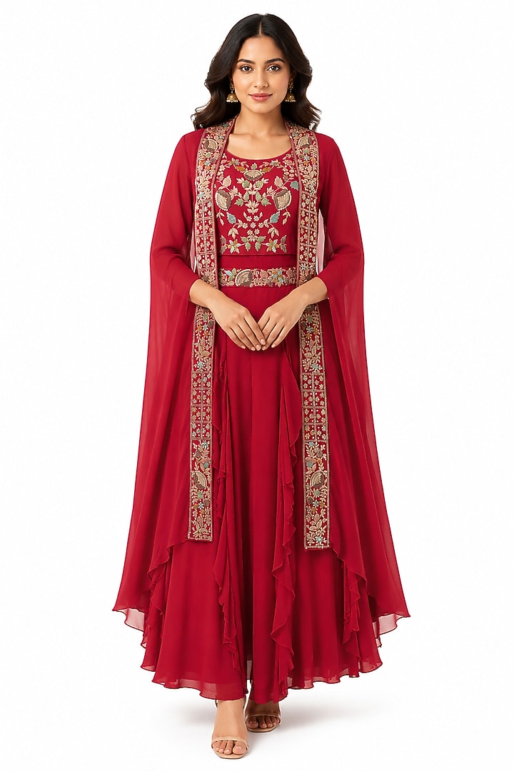 Red Silk Embroidered Cape Set by Ridhi garg at Pernia's Pop Up Shop