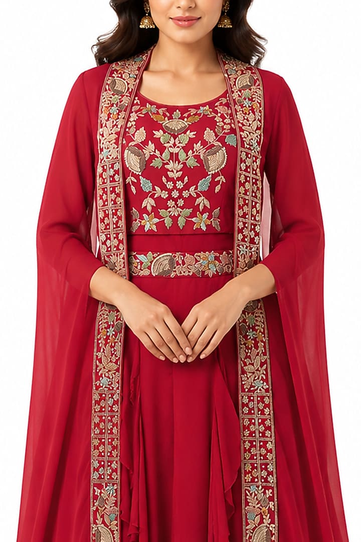 Red Silk Embroidered Cape Set by Ridhi garg at Pernia's Pop Up Shop