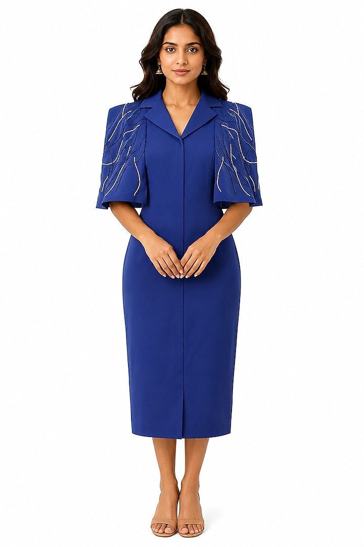 Blue Scuba Moti Work Midi Summer Dress by Ridhi garg at Pernia's Pop Up Shop