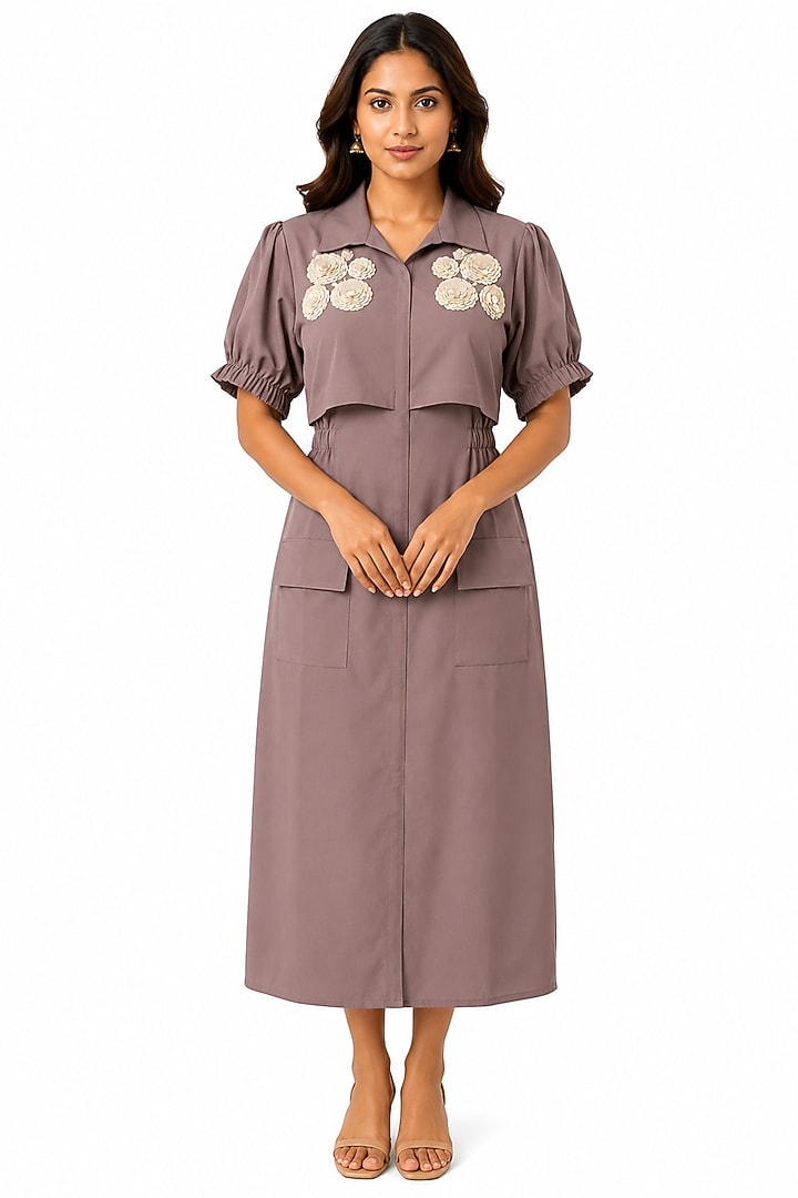 Light Brown Scuba Floral Motif Embroidered Midi Summer Dress by Ridhi garg at Pernia's Pop Up Shop