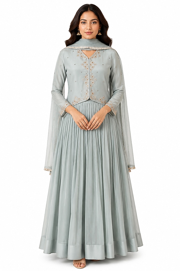 Light Grey Silk Tissue Skirt Set by Ridhi garg at Pernia's Pop Up Shop