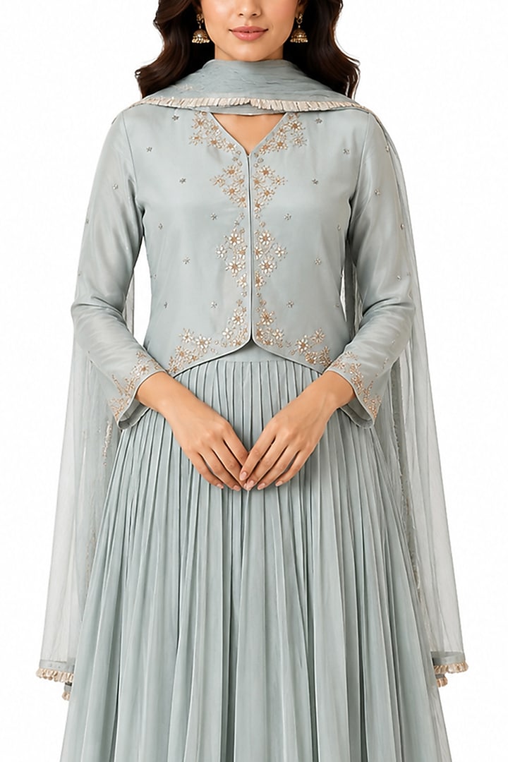 Light Grey Silk Tissue Skirt Set by Ridhi garg at Pernia's Pop Up Shop