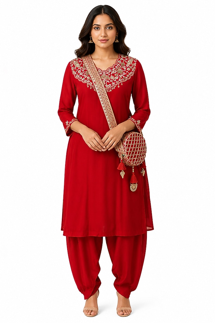 Red Silk Gota Embroidered Kurta Set by Ridhi garg at Pernia's Pop Up Shop
