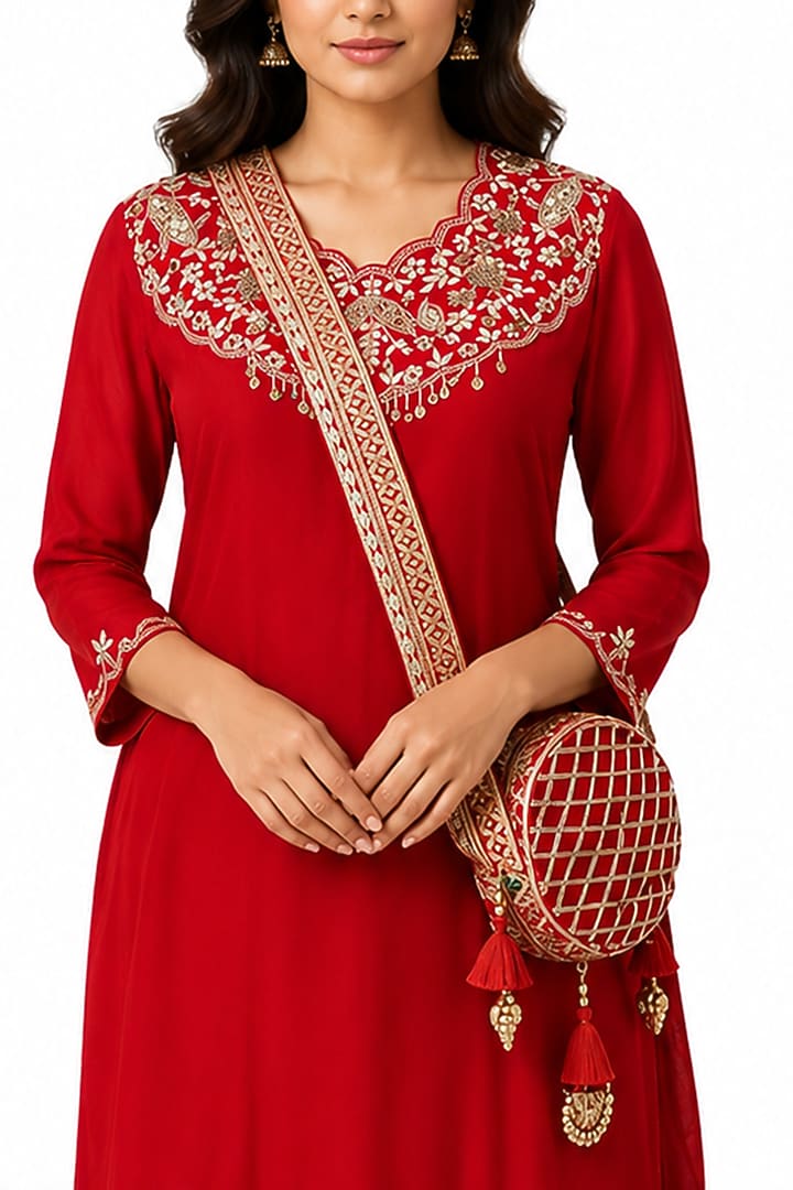 Red Silk Gota Embroidered Kurta Set by Ridhi garg at Pernia's Pop Up Shop