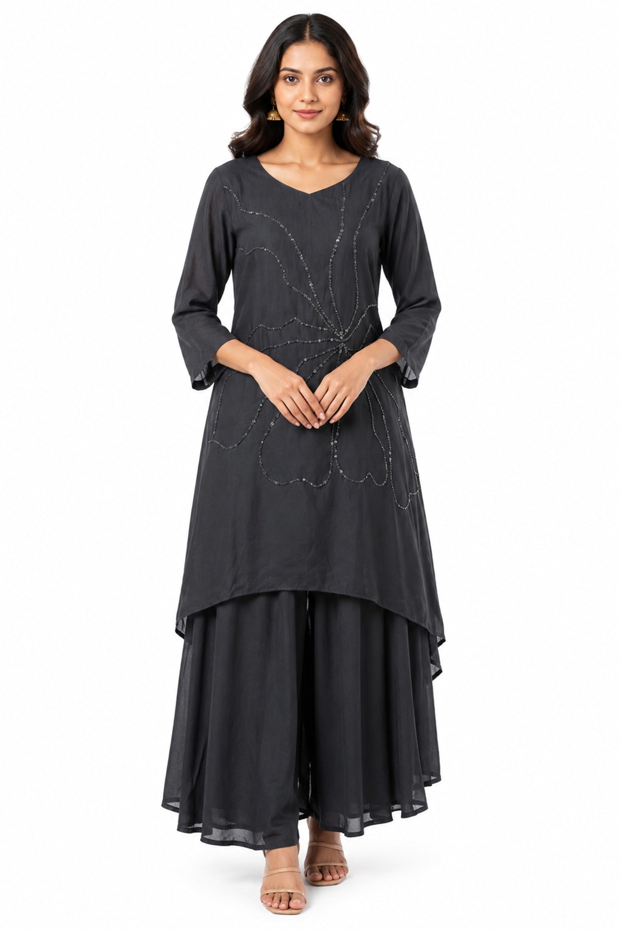 Ridhi garg Charcoal Black Silk Sequin Work Kurta Set