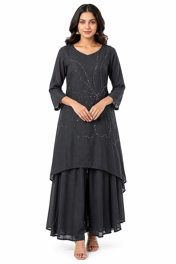 Charcoal Black Silk Sequin Work Kurta Set by Ridhi garg at Pernia's Pop Up Shop