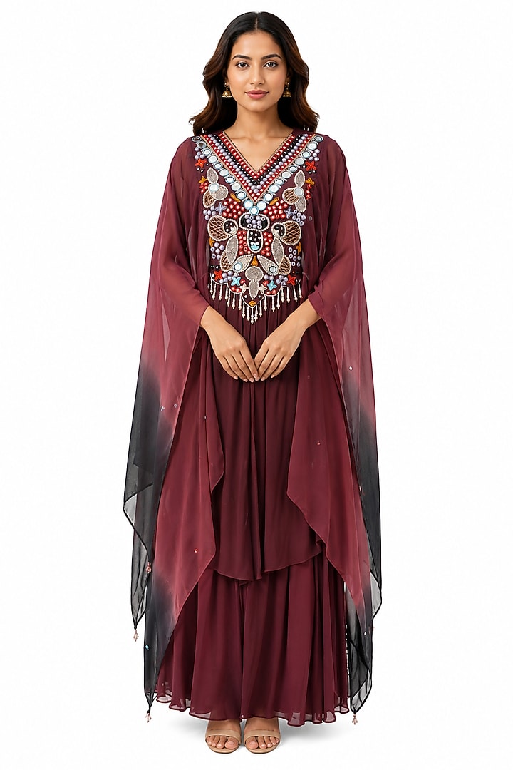 Maroon Crepe Mirror Work Kurta Set by Ridhi garg at Pernia's Pop Up Shop
