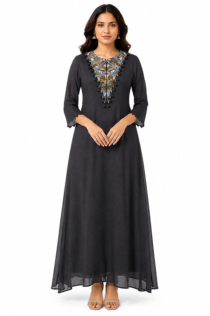 Black Silk Hand Work Kurta by Ridhi garg at Pernia's Pop Up Shop
