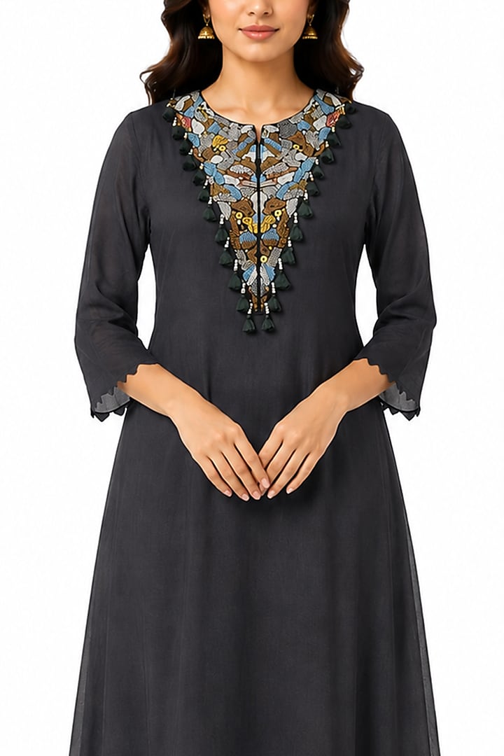 Black Silk Hand Work Kurta by Ridhi garg at Pernia's Pop Up Shop