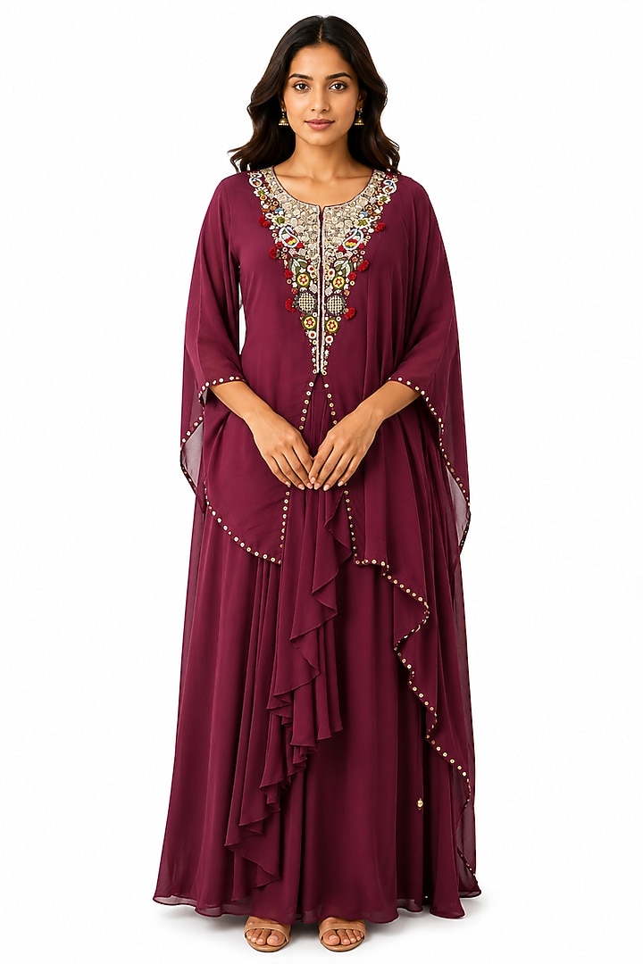 Maroon Crepe Skirt Set by Ridhi garg at Pernia's Pop Up Shop