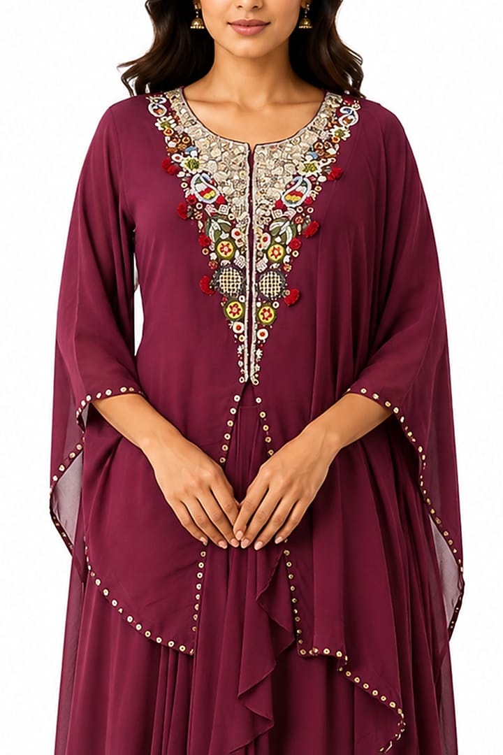 Maroon Crepe Skirt Set by Ridhi garg at Pernia's Pop Up Shop