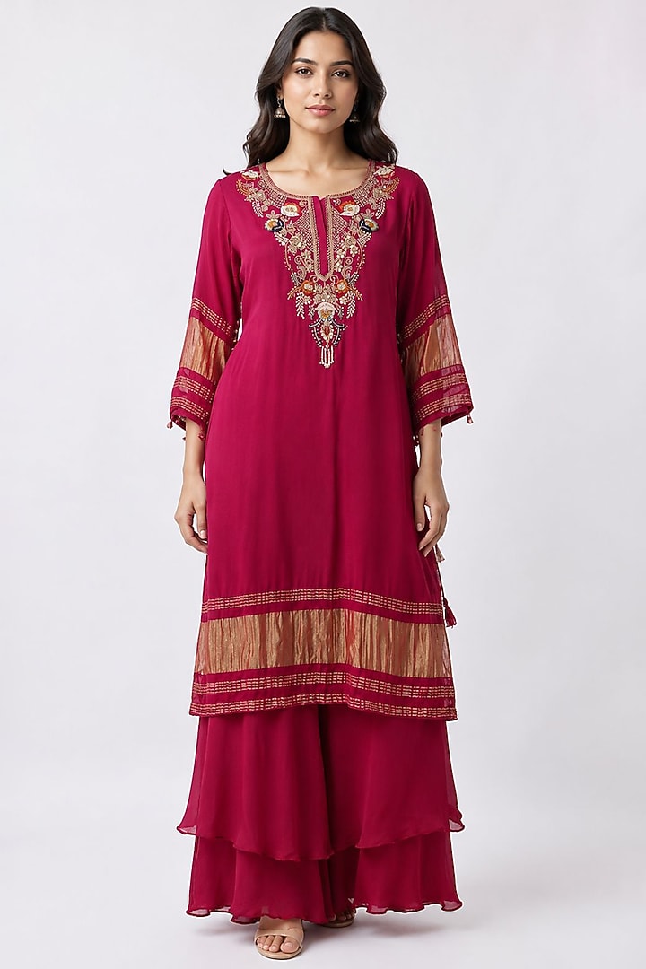 Red Gajji Silk Hand Work Kurta Set by Ridhi garg at Pernia's Pop Up Shop