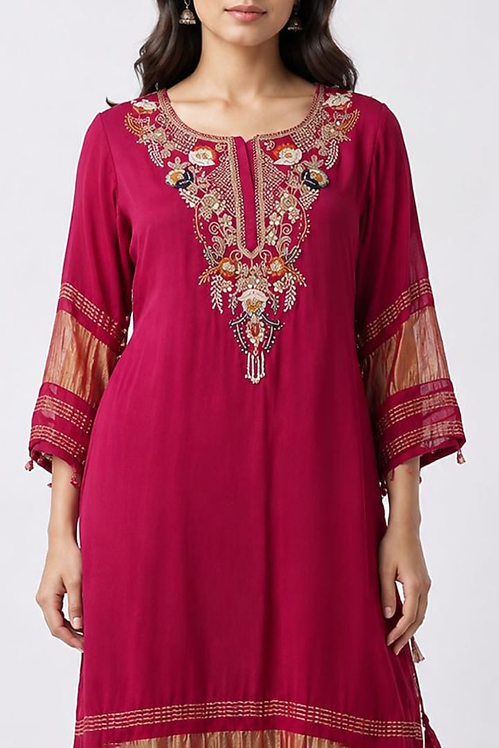 Red Gajji Silk Hand Work Kurta Set by Ridhi garg at Pernia's Pop Up Shop