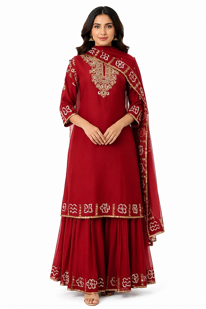 Red Gajji Silk Hand Work Kurta Set by Ridhi garg at Pernia's Pop Up Shop