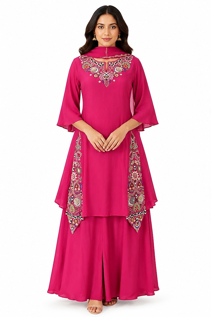 Pink Silk Hand Work Kurta Set by Ridhi garg at Pernia's Pop Up Shop