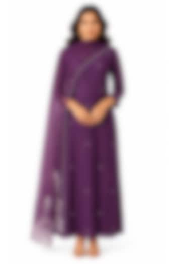 Purple Silk Aari Work Party Wear Anarkali by Ridhi garg at Pernia's Pop Up Shop